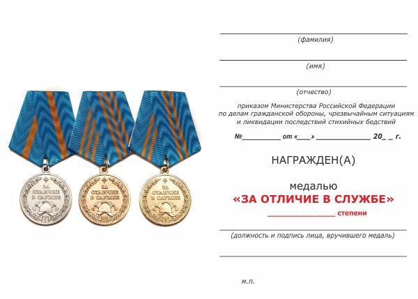 Обратная сторона награды Медаль МЧС России «За отличие в службе» III степень с бланком удостоверения