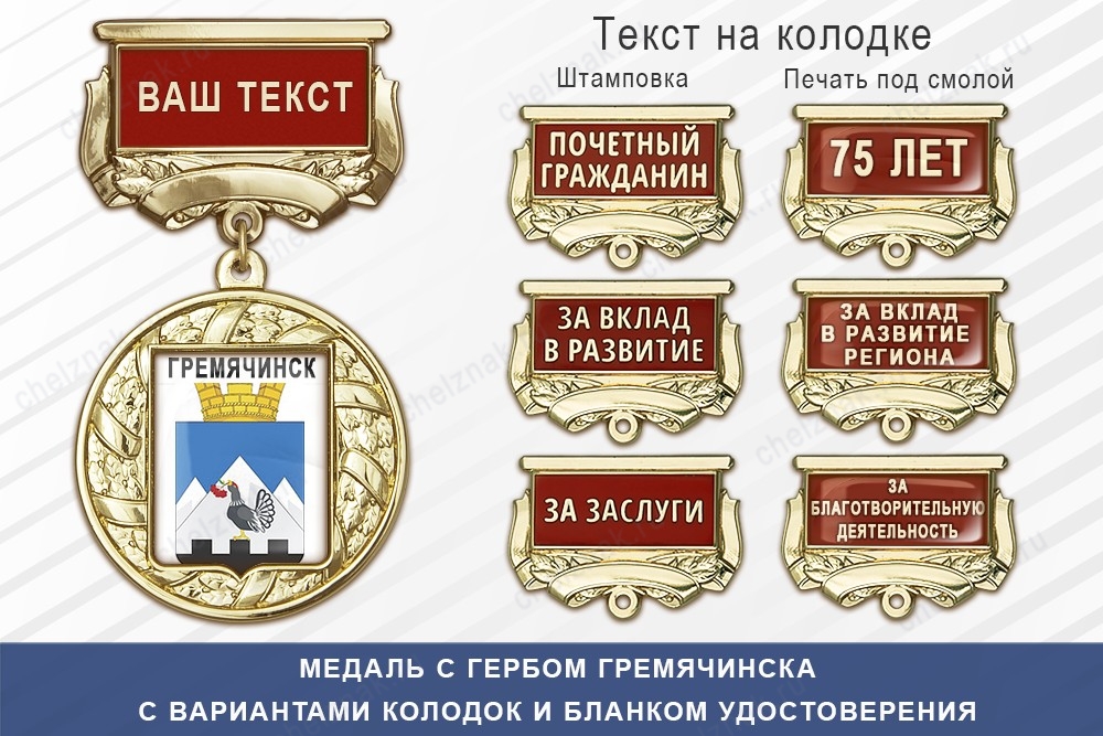 Медаль с гербом города Гремячинска Пермского края с бланком удостоверения