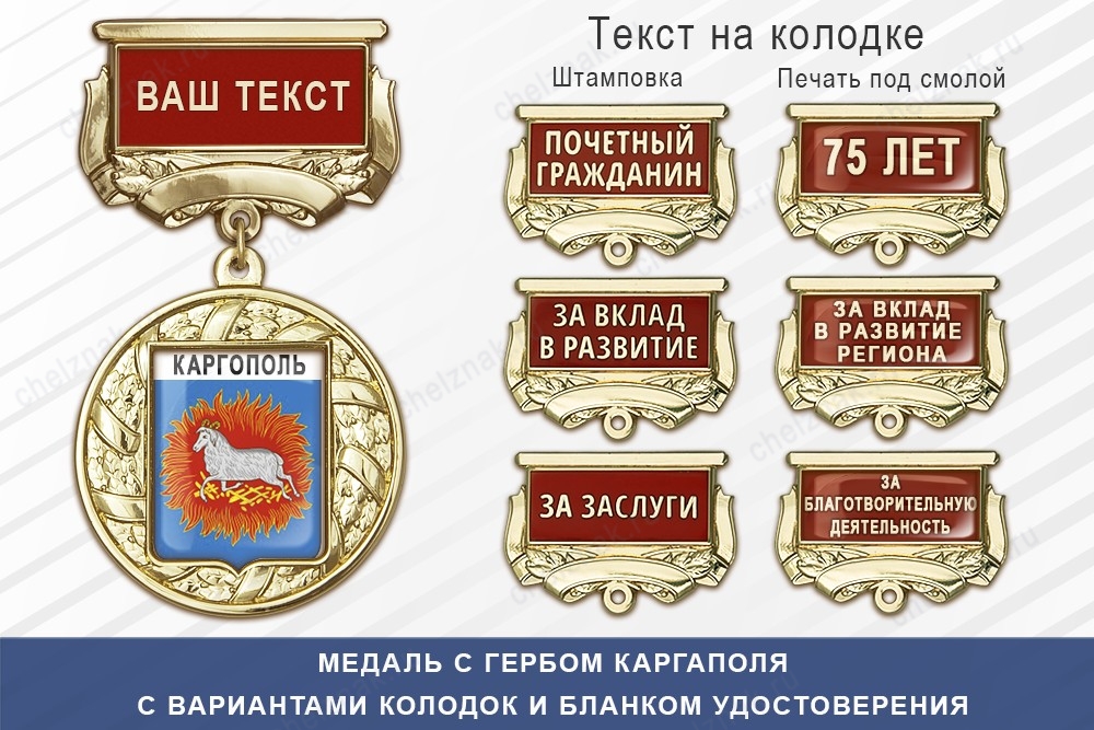 Медаль с гербом города Каргополя Архангельской области с бланком удостоверения