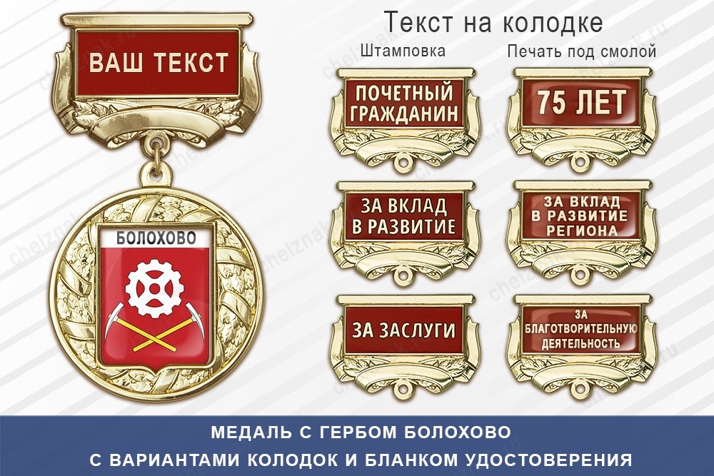 Медаль с гербом города Болохово Тульской области с бланком удостоверения