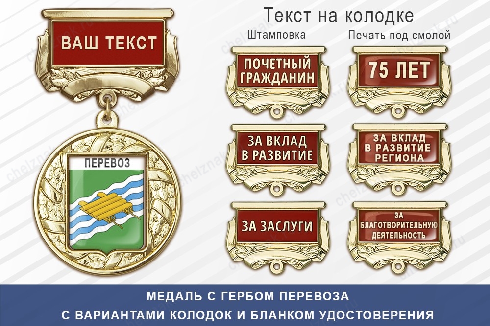 Медаль с гербом города Перевоза Нижегородской области с бланком удостоверения