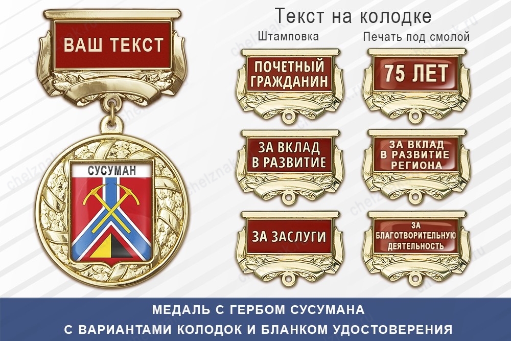 Медаль с гербом города Сусумана Магаданской области с бланком удостоверения