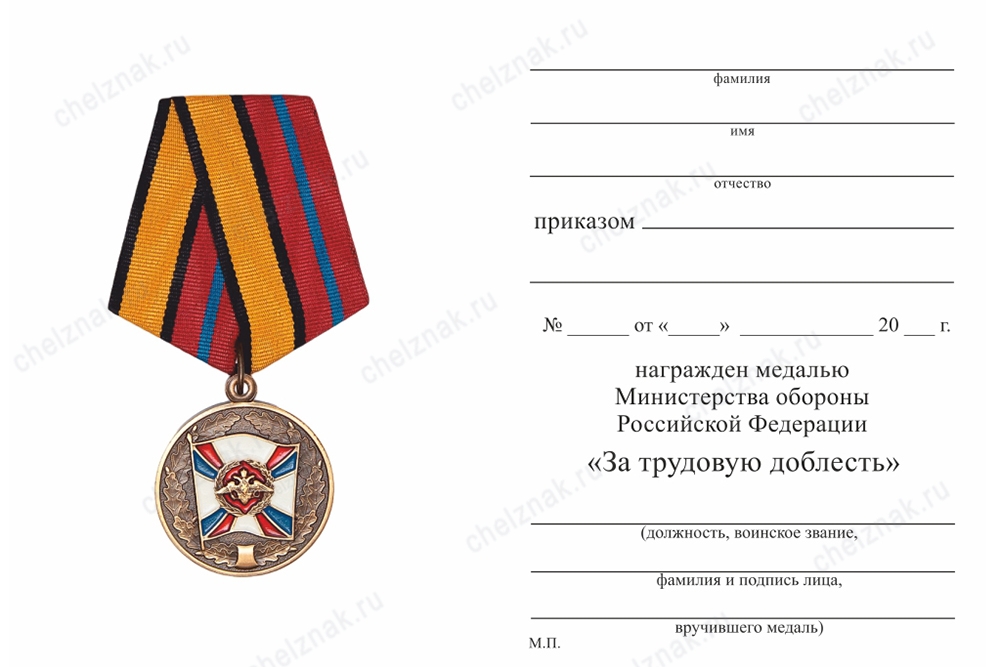 Медаль МО РФ «За трудовую доблесть» с бланком удостоверения (образец 2017 г.)