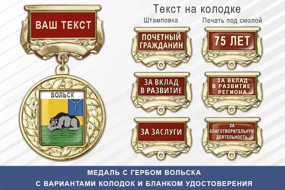 Медаль с гербом города Вольска Саратовской области с бланком удостоверения
