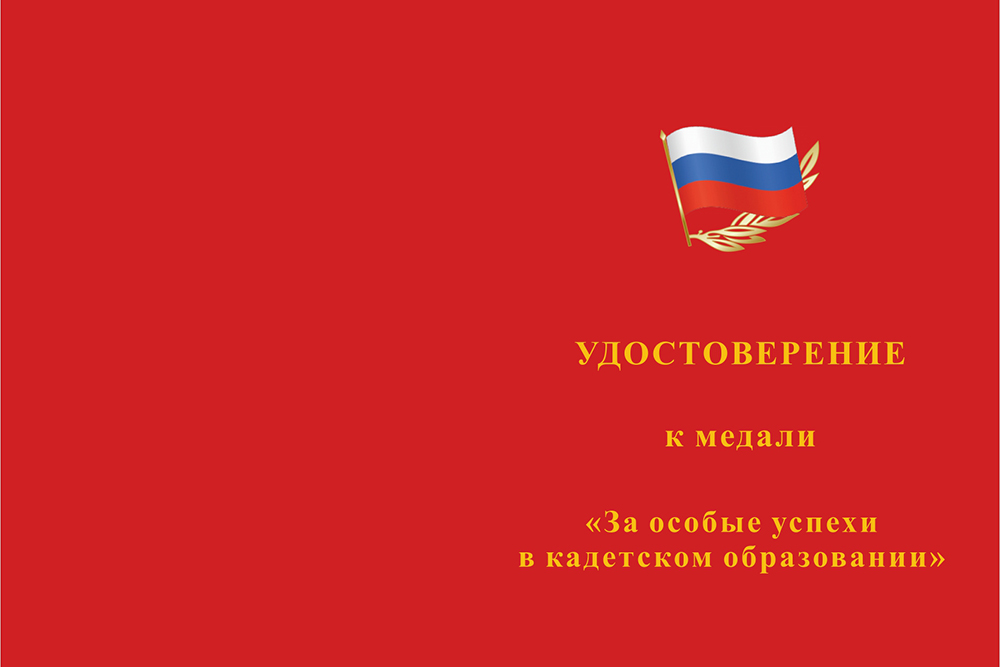 Медаль на квадроколодке «За особые успехи в кадетском образовании» с бланком удостоверения
