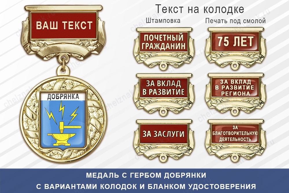 Медаль с гербом города Добрянки Пермского края с бланком удостоверения