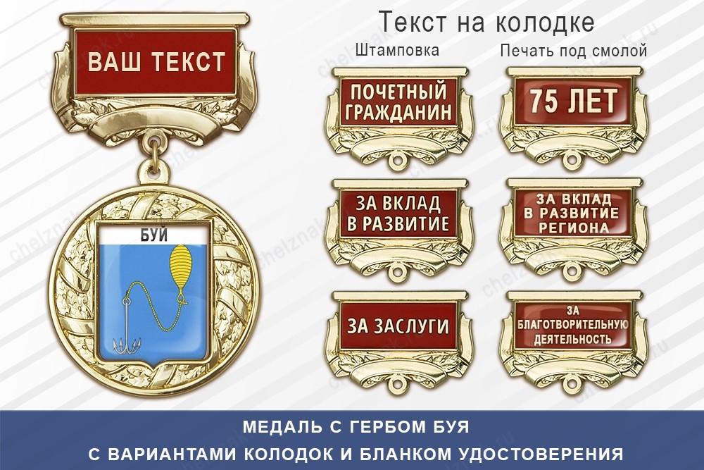Медаль с гербом города Буя Костромской области с бланком удостоверения