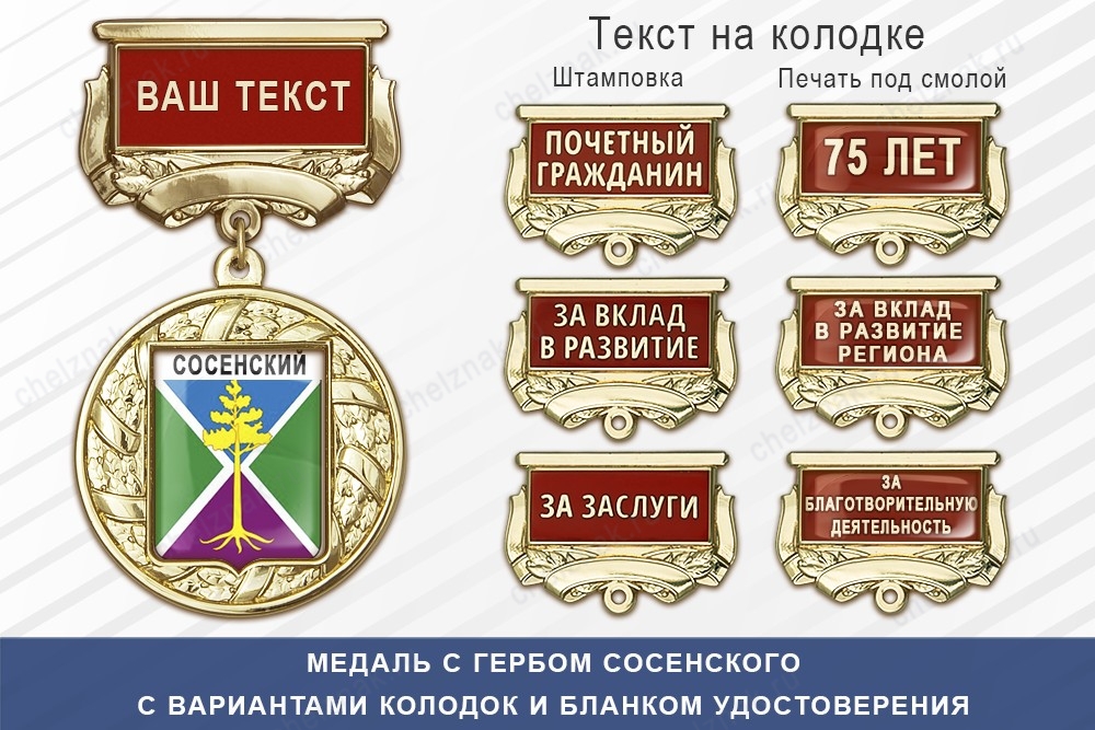 Медаль с гербом города Сосенского Калужской области с бланком удостоверения