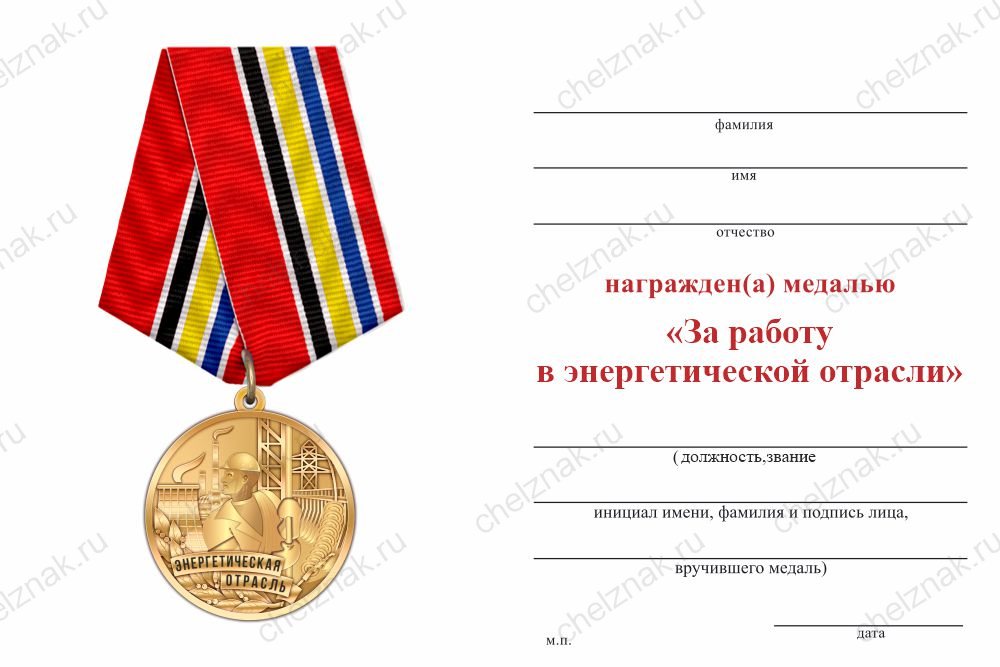 Медаль «За работу в энергетической отрасли» с бланком удостоверения