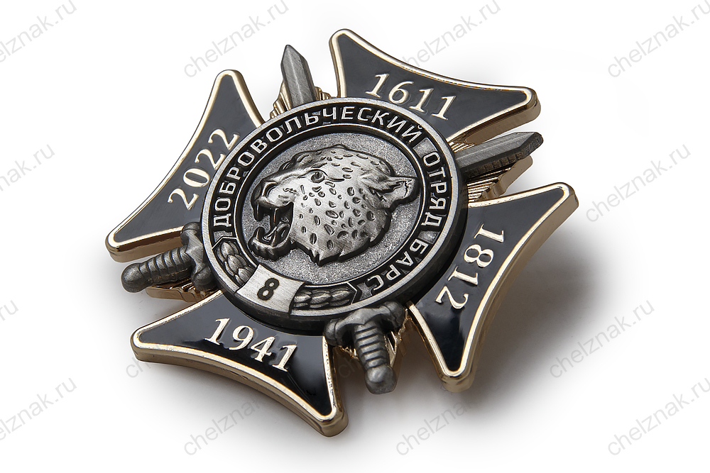 Нагрудный знак «БАРС-8. За служение России в боевых добровольческих отрядах» с бланком удостоверения