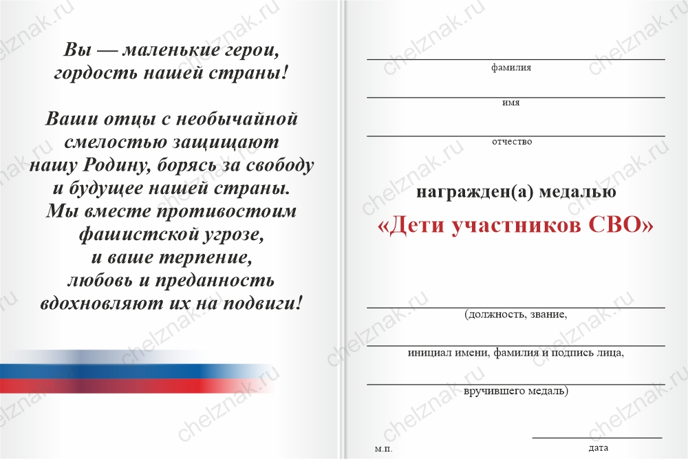 Медаль «Детям участников СВО» с бланком удостоверения