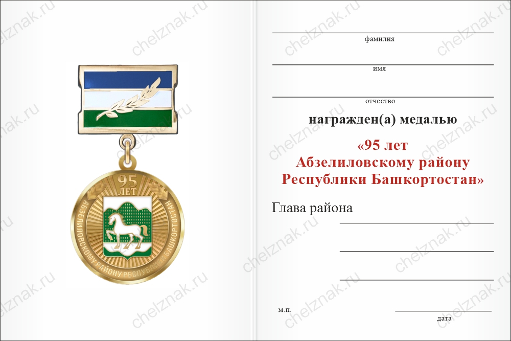 Медаль «95 лет Абзелиловскому району Республики Башкортостан» с бланком удостоверения