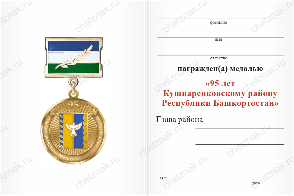 Медаль «95 лет Кушнаренковскому району Республики Башкортостан» с бланком удостоверения