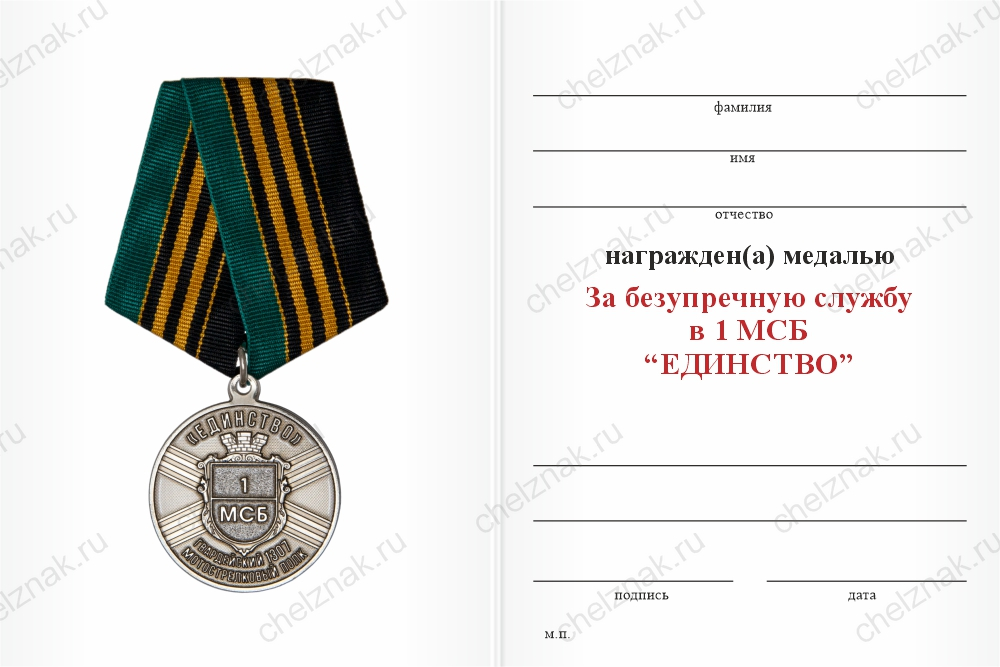 Медаль «За безупречную службу в 1-ом МСБ "Единство" 1307-го гв. МСП» с бланком удостоверения