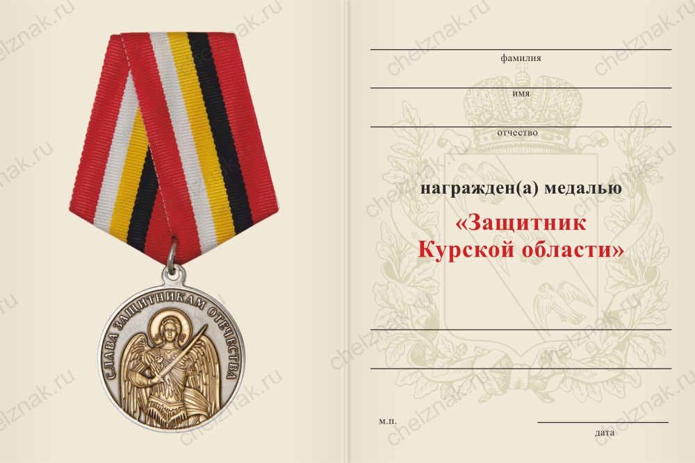 Медаль «Защитник Курской области» с бланком удостоверения