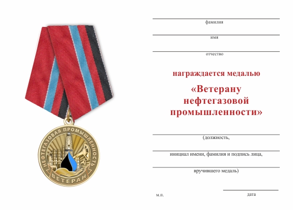 Медаль «Ветеран нефтегазовой промышленности» с бланком удостоверения