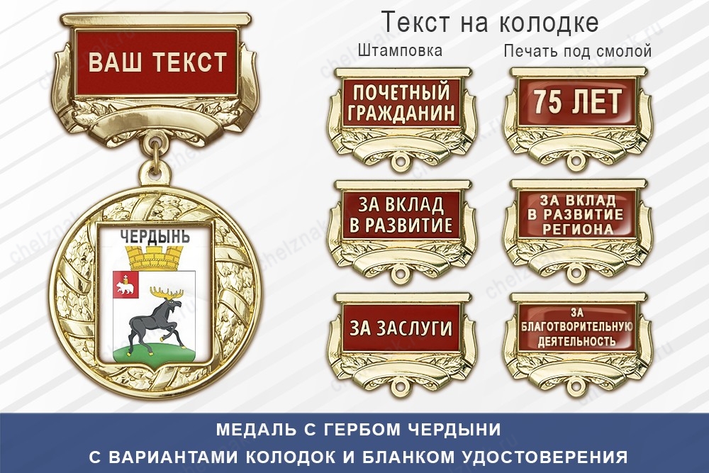 Медаль с гербом города Чердыни Пермского края с бланком удостоверения