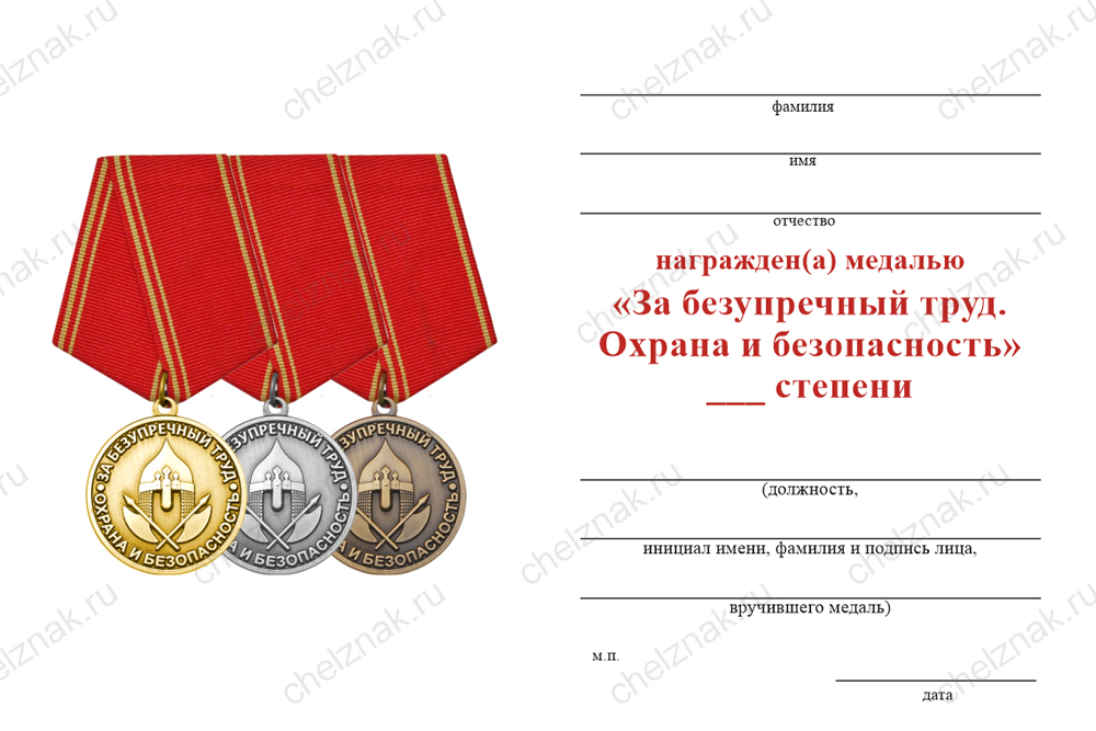 Медаль «За безупречный труд. Охрана и безопасность» 1 степени с бланком удостоверения