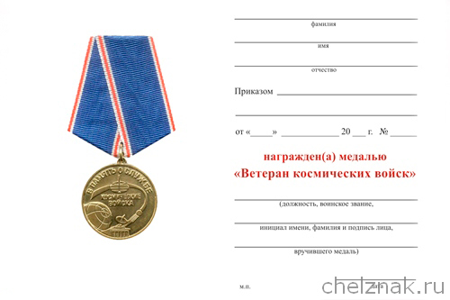 Медаль «Ветеран космических войск» с бланком удостоверения