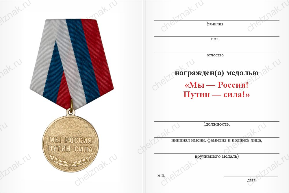 Медаль «Мы Россия - Путин сила!» с бланком удостоверения