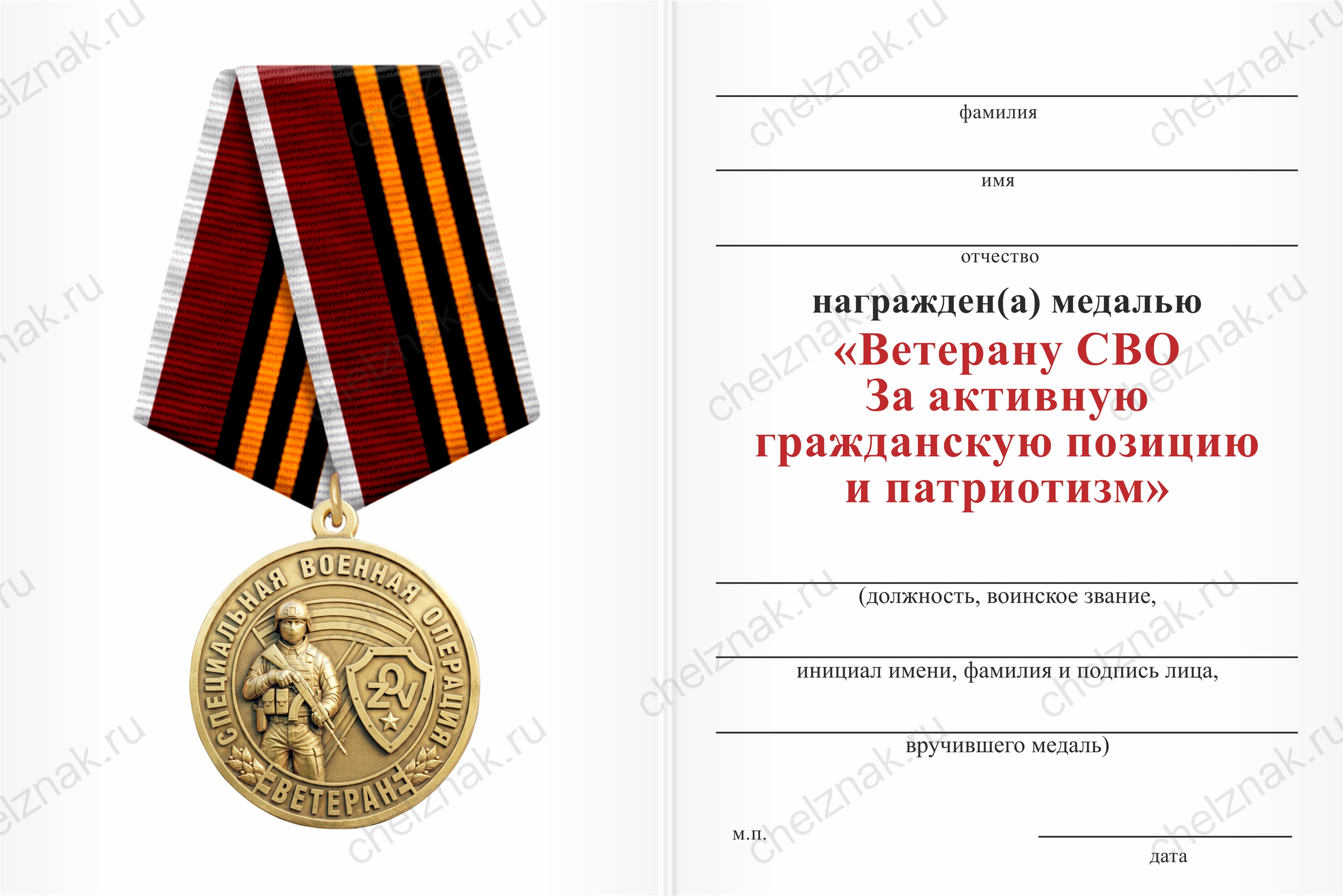 Медаль «Ветеран СВО. За активную гражданскую позицию» с бланком удостоверения