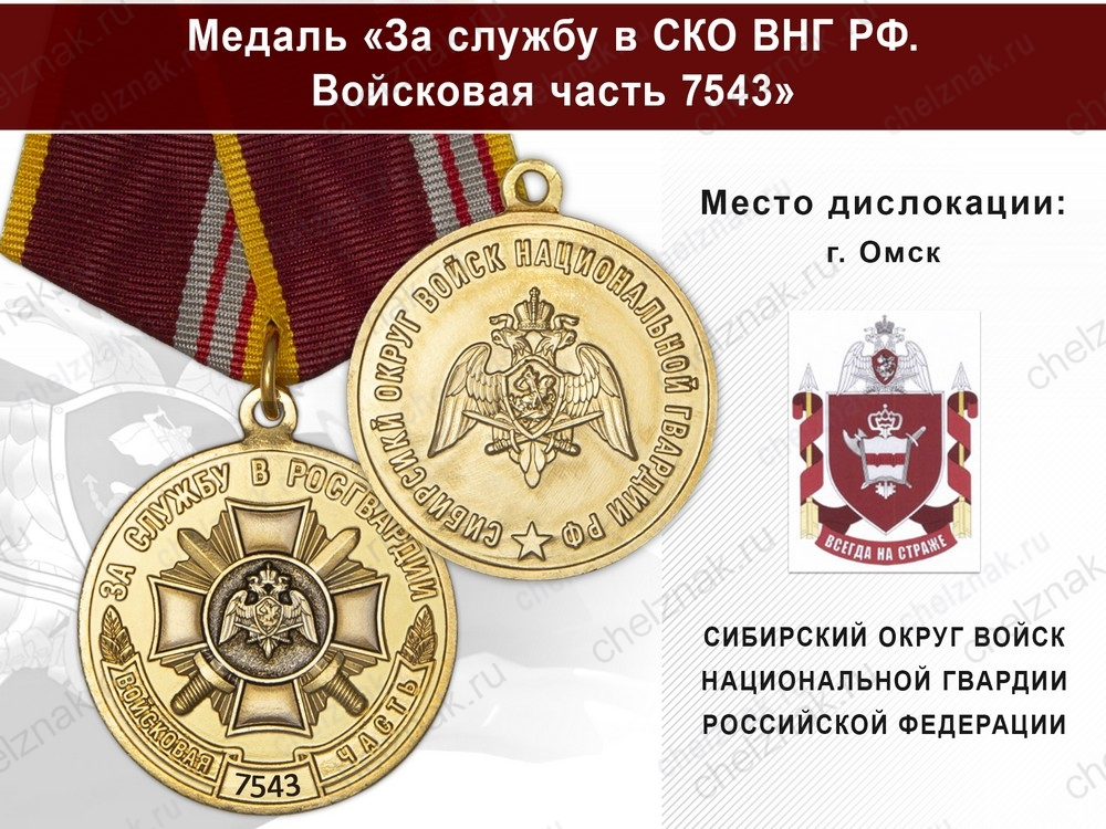 Медаль «За службу в СИБО ВНГ РФ. Войсковая часть 7543» с бланком удостоверения