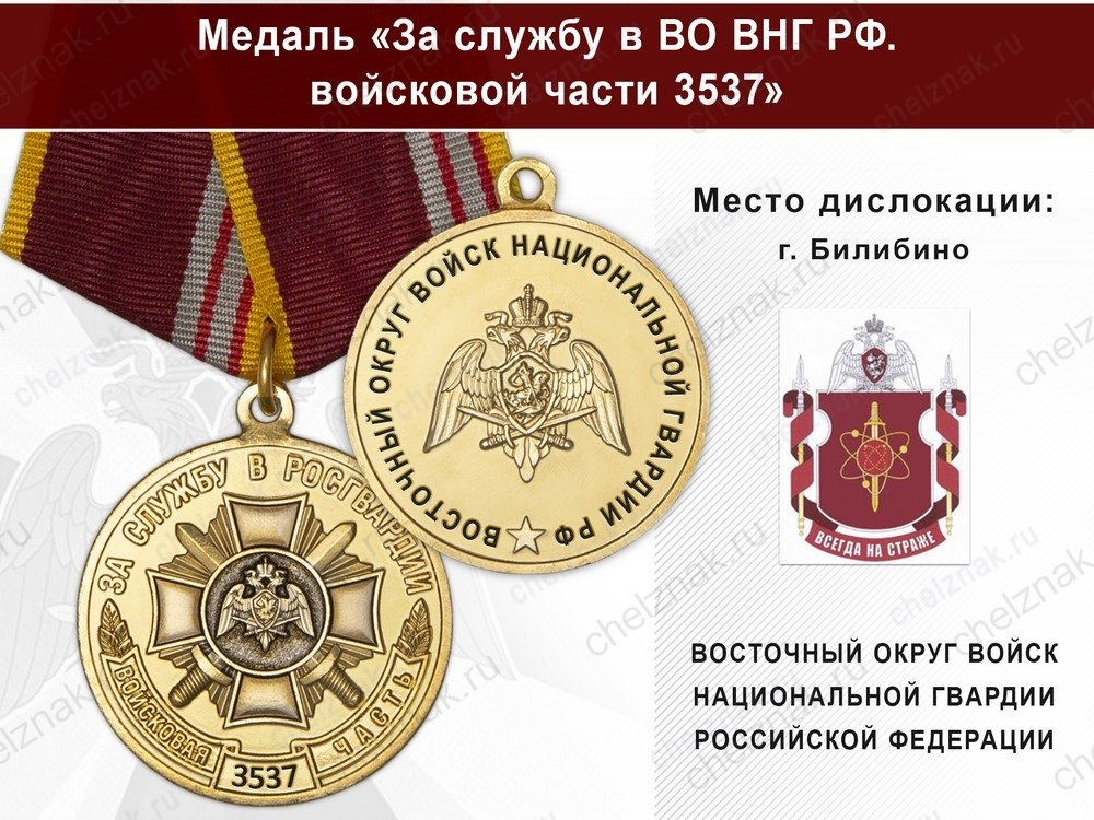 Медаль «За службу в ВО ВНГ РФ. Войсковая часть 3537» с бланком удостоверения