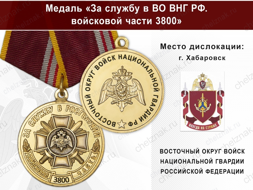 Медаль «За службу в ВО ВНГ РФ. Войсковая часть 3800» с бланком удостоверения