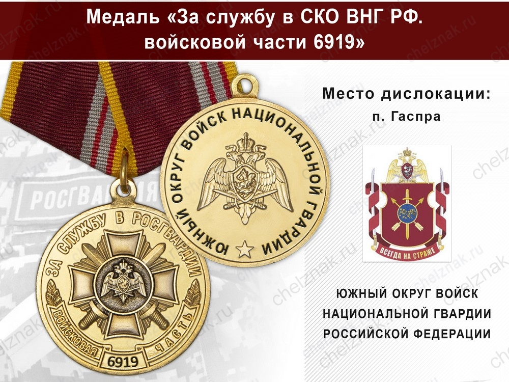 Медаль «За службу в в/ч 6919 Южного округа ВНГ РФ» с бланком удостоверения