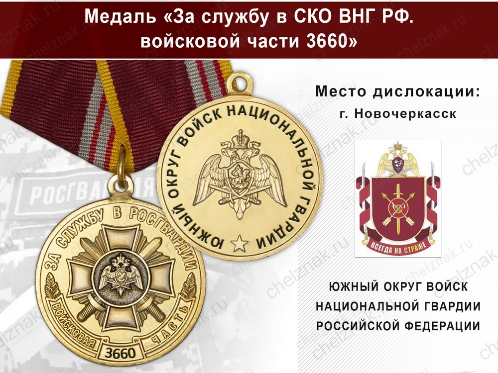 Медаль «За службу в ЮО ВНГ РФ. Войсковая часть 3660» с бланком удостоверения