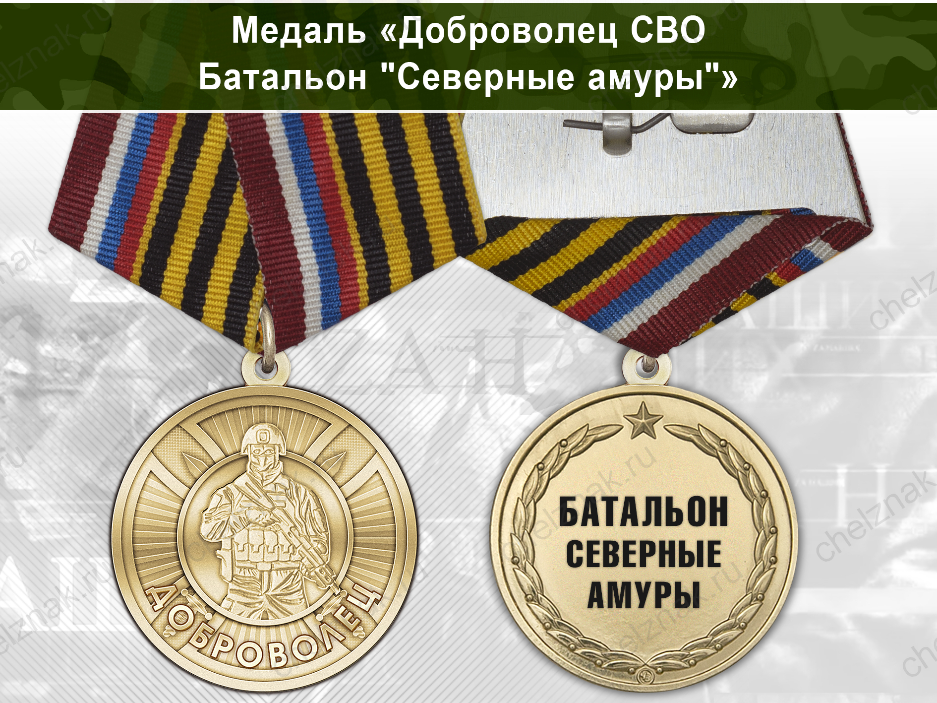 Лицевая сторона награды Медаль «Доброволец СВО из батальона "Северные амуры"» с бланком удостоверения