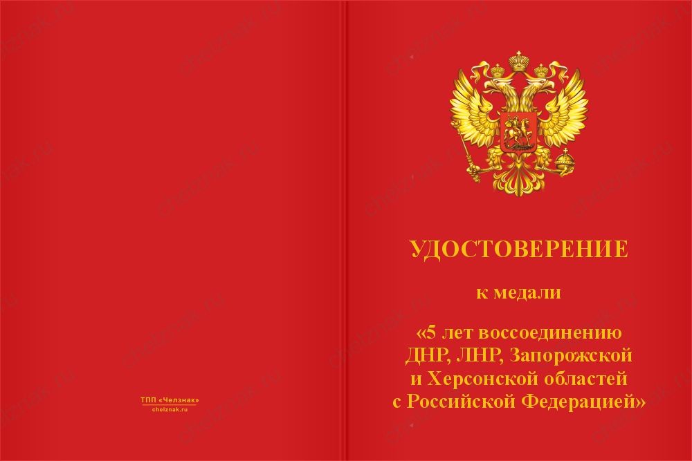 Медаль «5 лет воссоединению Новороссии с Россией» с бланком удостоверения