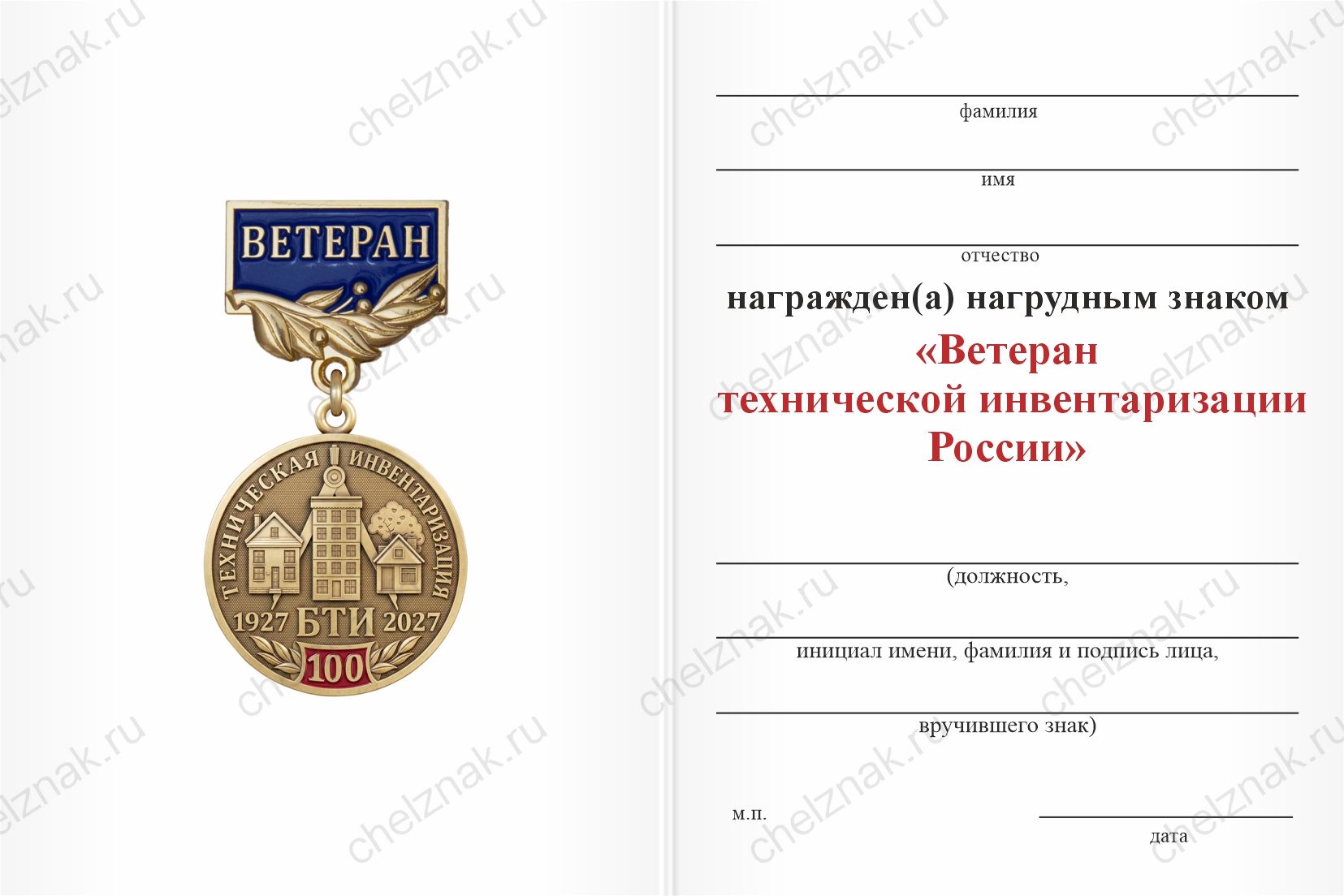 Нагрудный знак «Ветеран технической инвентаризации России (БТИ)» с бланком удостоверения
