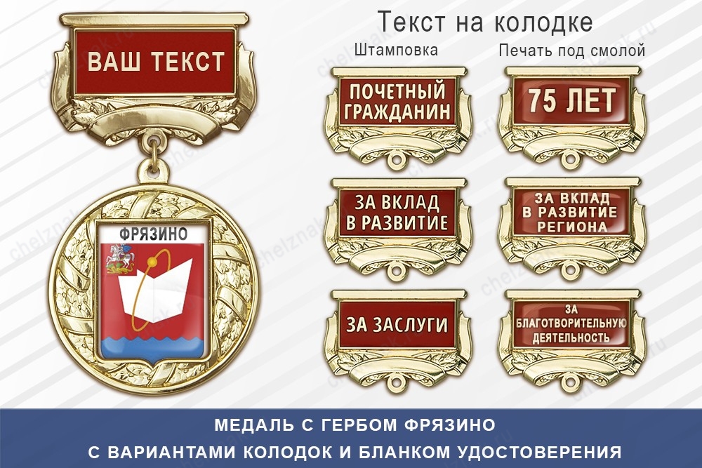 Медаль с гербом города Фрязино Московской области с бланком удостоверения