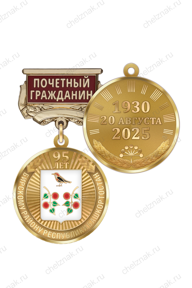 Медаль «95 лет Бирскому району Республики Башкортостан. Почётный гражданин» с бланком удостоверения