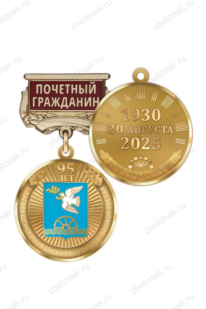 Медаль «95 лет Благовещенскому району Республики Башкортостан. Почётный гражданин» с бланком удостоверения