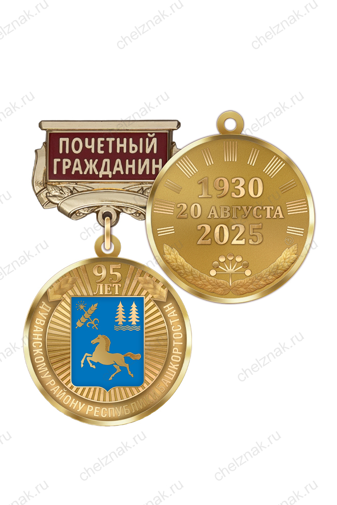 Медаль «95 лет Дуванскому району Республики Башкортостан. Почётный гражданин» с бланком удостоверения