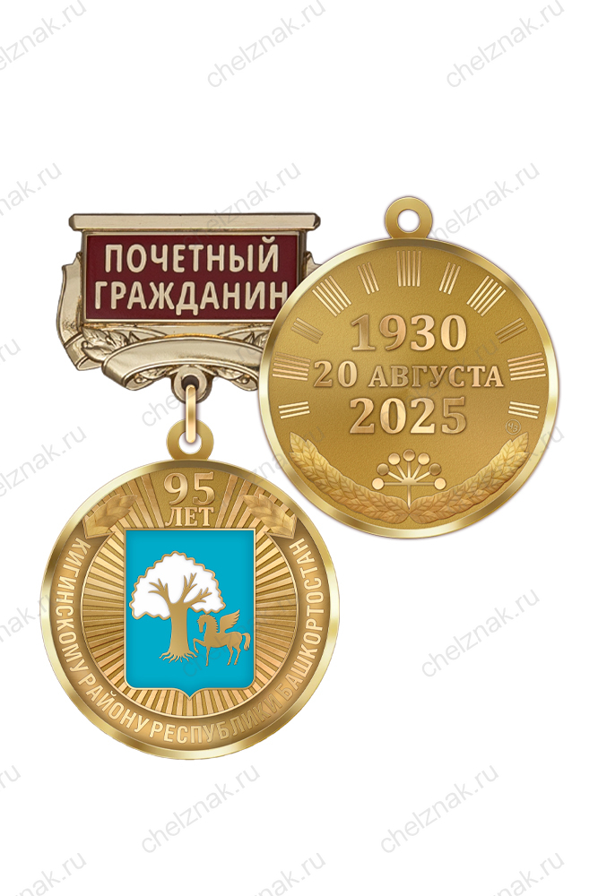 Медаль «95 лет Кигинскому району Республики Башкортостан. Почётный гражданин» с бланком удостоверения