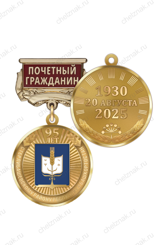 Медаль «95 лет Стерлибашевскому району Республики Башкортостан. Почётный гражданин» с бланком удостоверения