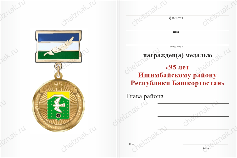 Медаль «95 лет Ишимбайскому району Республики Башкортостан. За заслуги» с бланком удостоверения