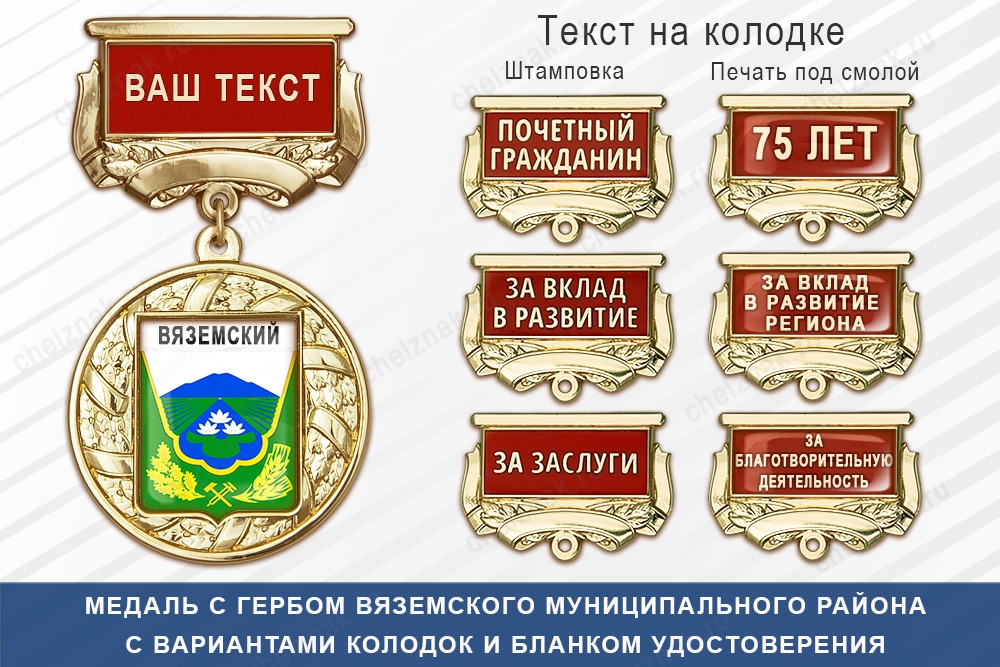 Медаль с гербом города Вяземского Муниципального района Хабаровского края с бланком удостоверения