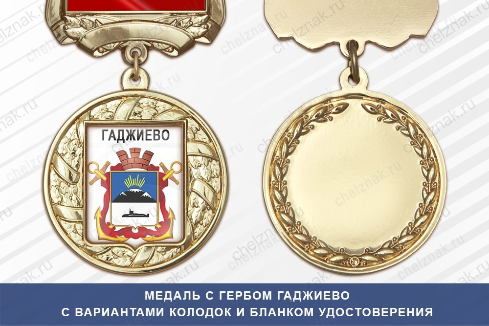 Медаль с гербом города Гаджиево Мурманской области с бланком удостоверения