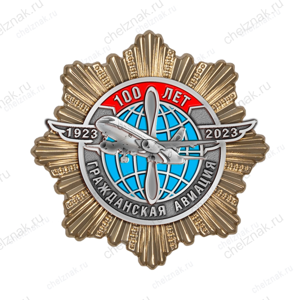 Знак на звезде «100 лет гражданской авиации» (латунь) с бланком удостоверения