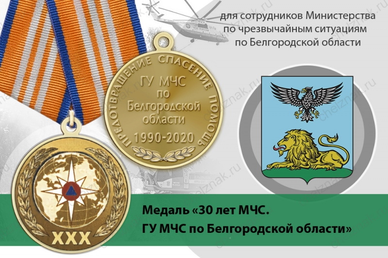 Медаль «30 лет ГУ МЧС России по Белгородской области» с бланком удостоверения