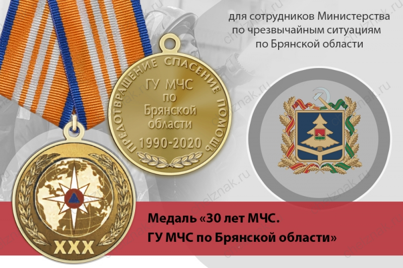 Медаль «30 лет ГУ МЧС России по Брянской области» с бланком удостоверения