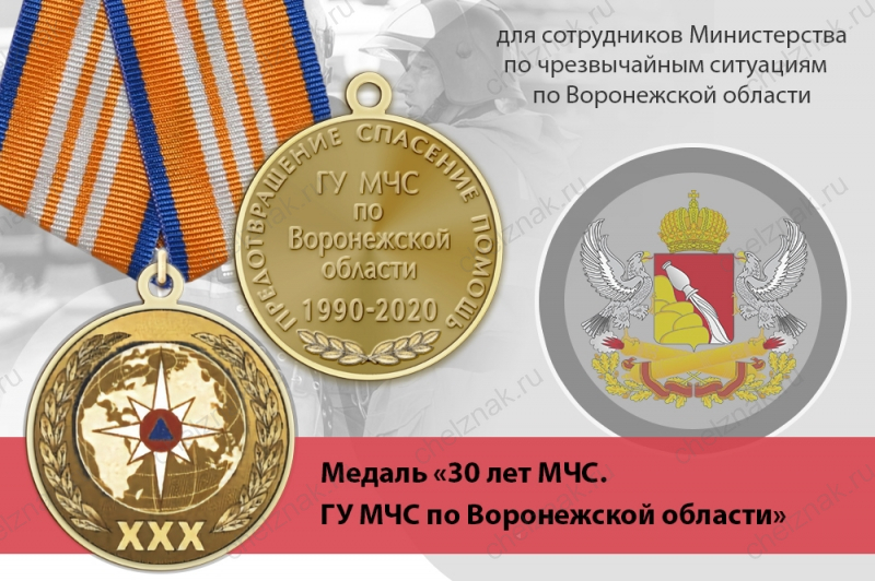 Медаль «30 лет ГУ МЧС России по Воронежской области» с бланком удостоверения