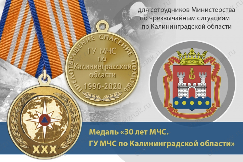 Медаль «30 лет ГУ МЧС России по Калининградской области» с бланком удостоверения