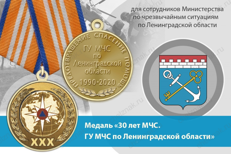 Медаль «30 лет ГУ МЧС России по Ленинградской области» с бланком удостоверения