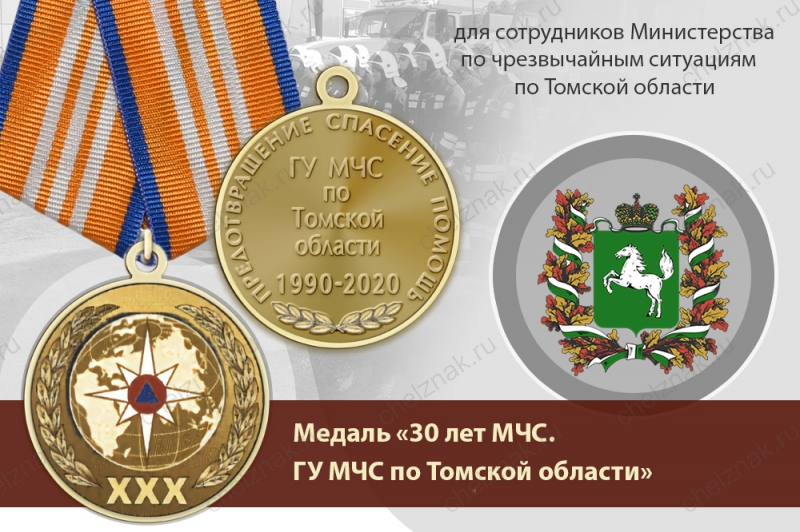 Медаль «30 лет ГУ МЧС России по Томской области» с бланком удостоверения