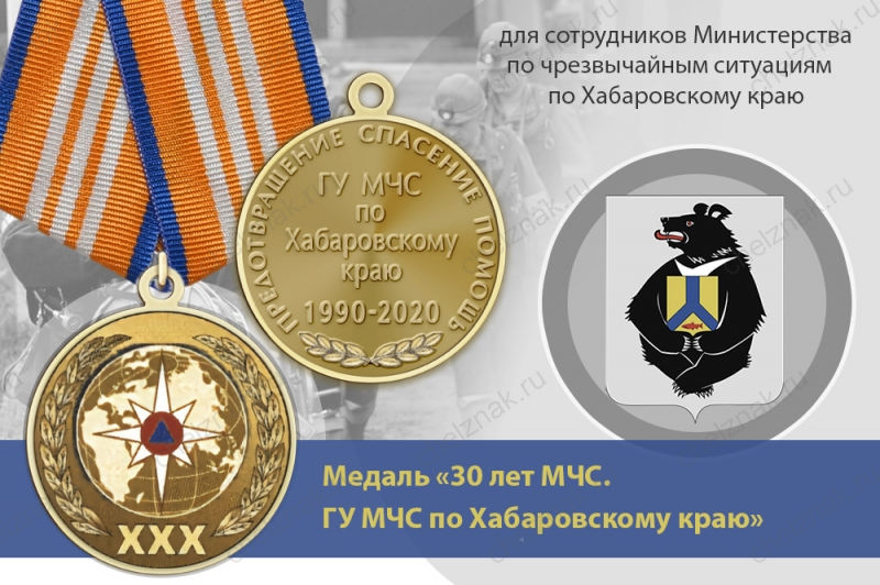 Медаль «30 лет ГУ МЧС России по Хабаровскому краю» с бланком удостоверения